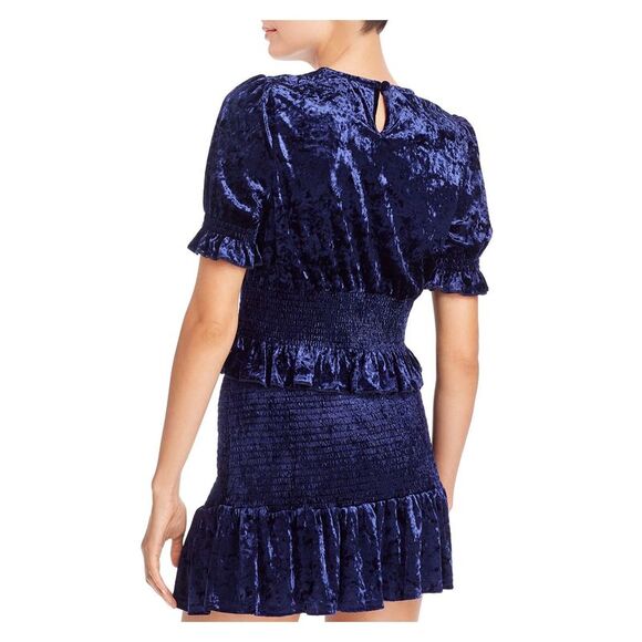 AQUA Womens Crop Top Navy Ruched Ruffled Short Sleeve Evening Sleeves Juniors S - Picture 2 of 2